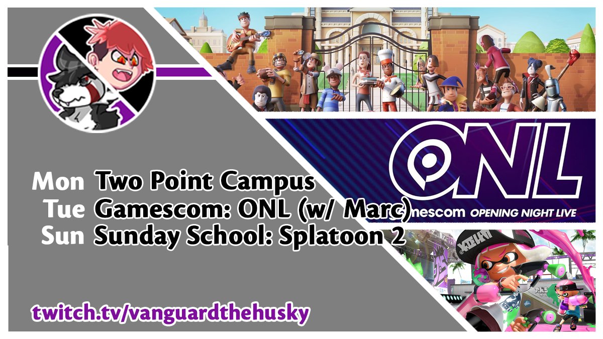 reuthegamer's tweet photo. Slightly different one this week, but replacing Friendship Friday with something really fun!

Mon - Two Point Campus
Tue - Gamescom ONL with @mjames_84 
Sun - Sunday School: Splatoon 2

Mon and Sun start at 8pm, Tue starts just before 7pm!
https://t.co/TptzaPwPxW https://t.co/rVhPMjDLvd