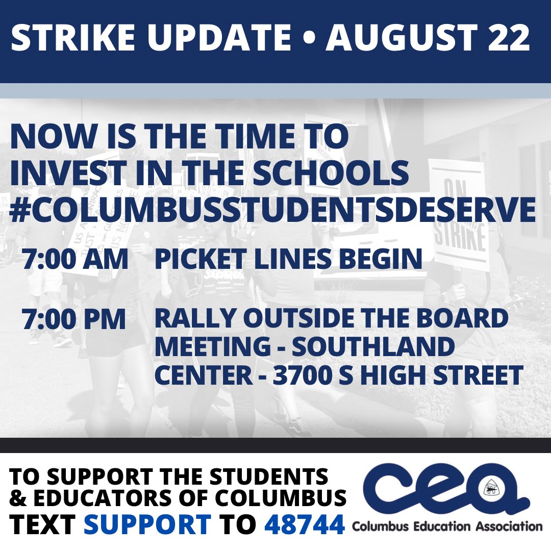 ColumbusEA's tweet photo. 🚨CCS Strike Update: The Columbus City School Board will meet tonight at 8pm at Southland Center (3700 s high street).  CEA hopes our supporters will join us as CEA rallies, beginning at 7pm!  Parking is available in the Park and Ride lot located at 3773 S. High Street. https://t.co/ZsQ3hi0sQ5