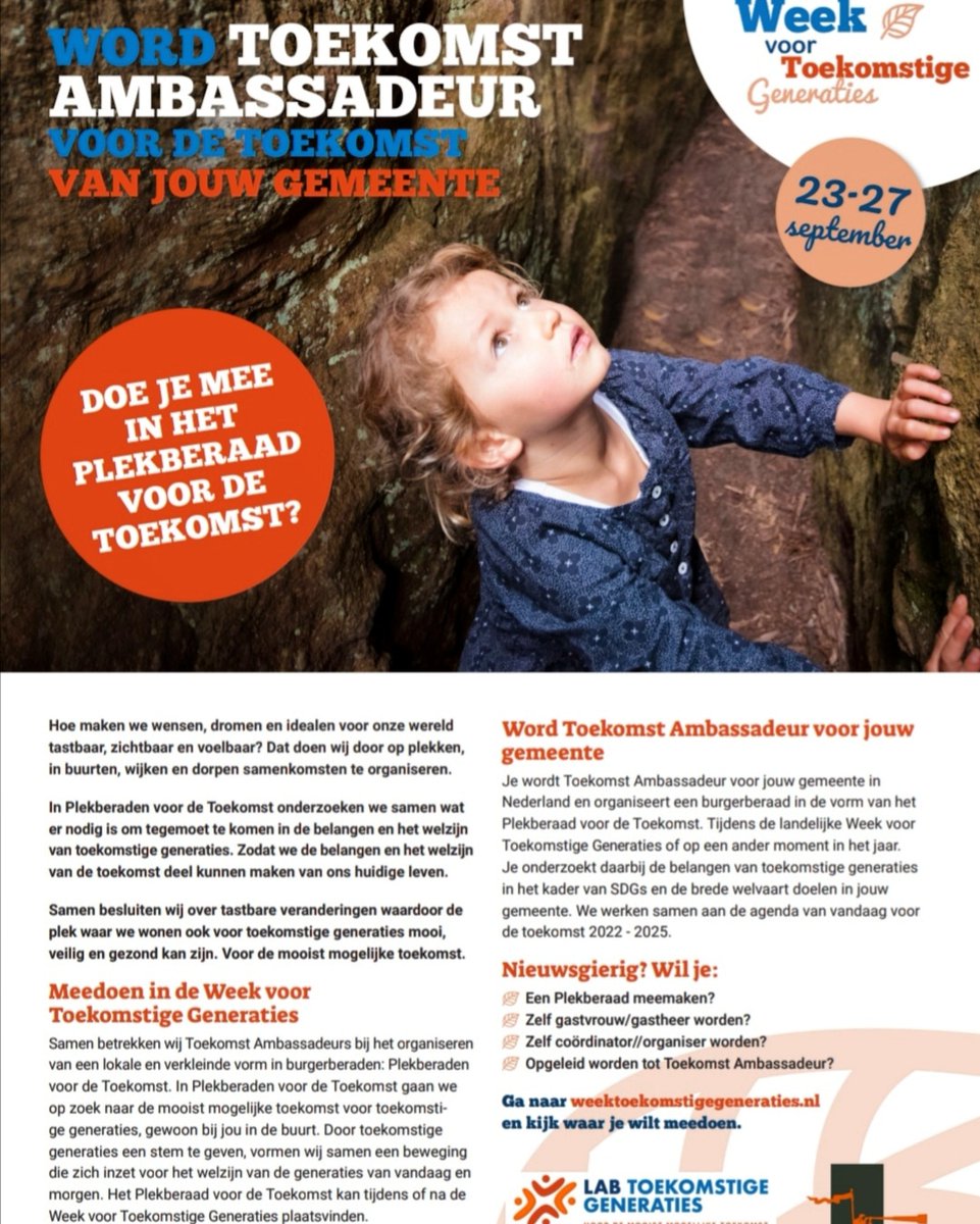 Hoe ziet de plek waar jij leeft, woont en werkt er over 5 maanden en over 50 jaar uit?

👉 Laat je stem horen, doe mee! 
👉 Organiseer je het Plekberaad bij jou in de buurt? 
👉 Kijk op weektoekomstigegeneraties.nl meld je aan en doe mee!

#SDGs2030 #goedevoorouders #thefuturewewant