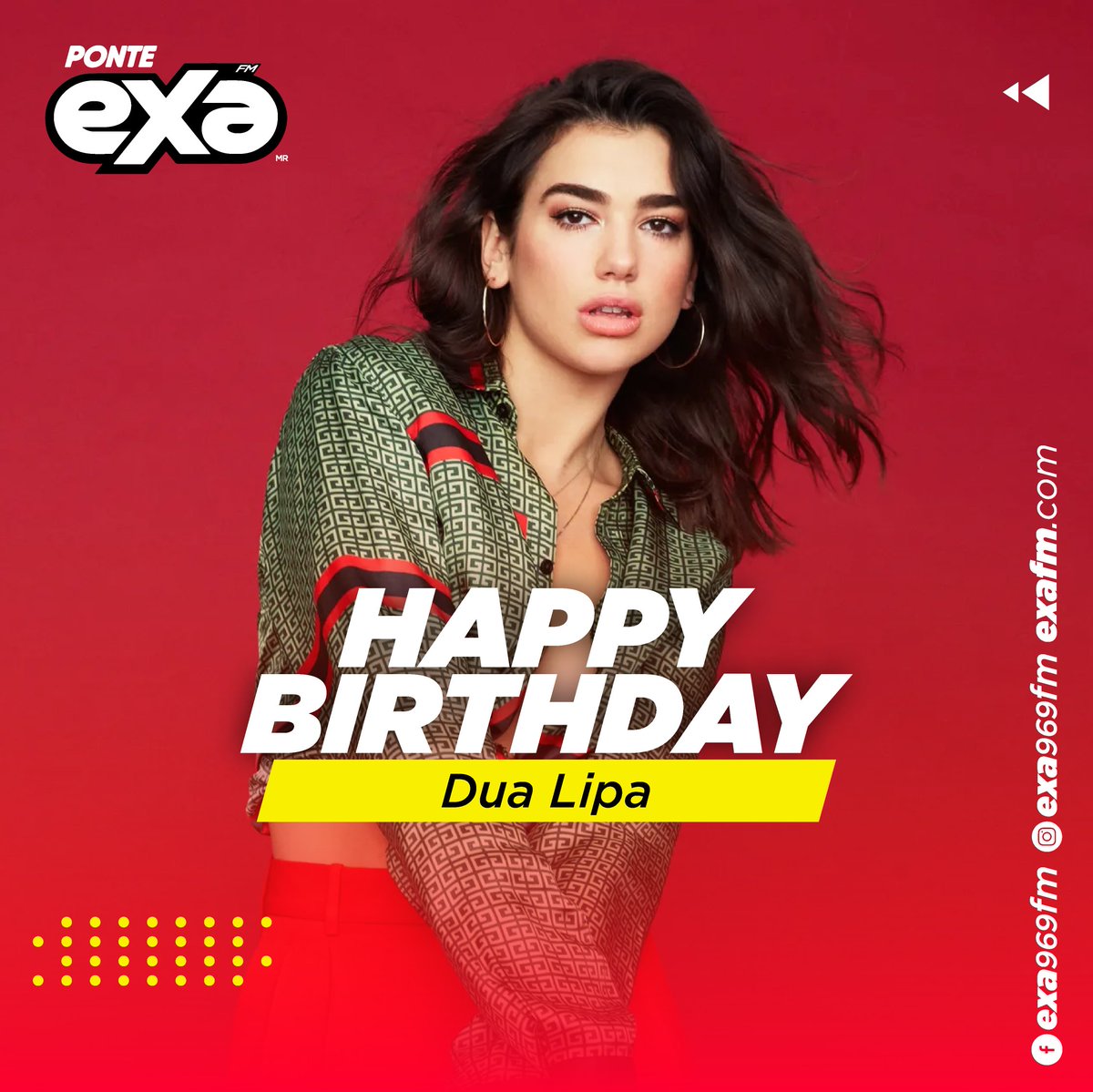 exa969fm's tweet photo. ¿Sabías que @DUALIPA no tiene nombre artístico?🧐

De hecho, "Dua" significa "amor"❤️ en idioma albanés, y es su nombre real. Hoy cumple 27 años y lo queremos celebrar en grande. 🎂

¿Te gustaría que EXA te llevara a conocer a Dua Lipa?

#Exafm #PonteExa #ExaRD #ExaBirthday https://t.co/WUgfEPY69Y