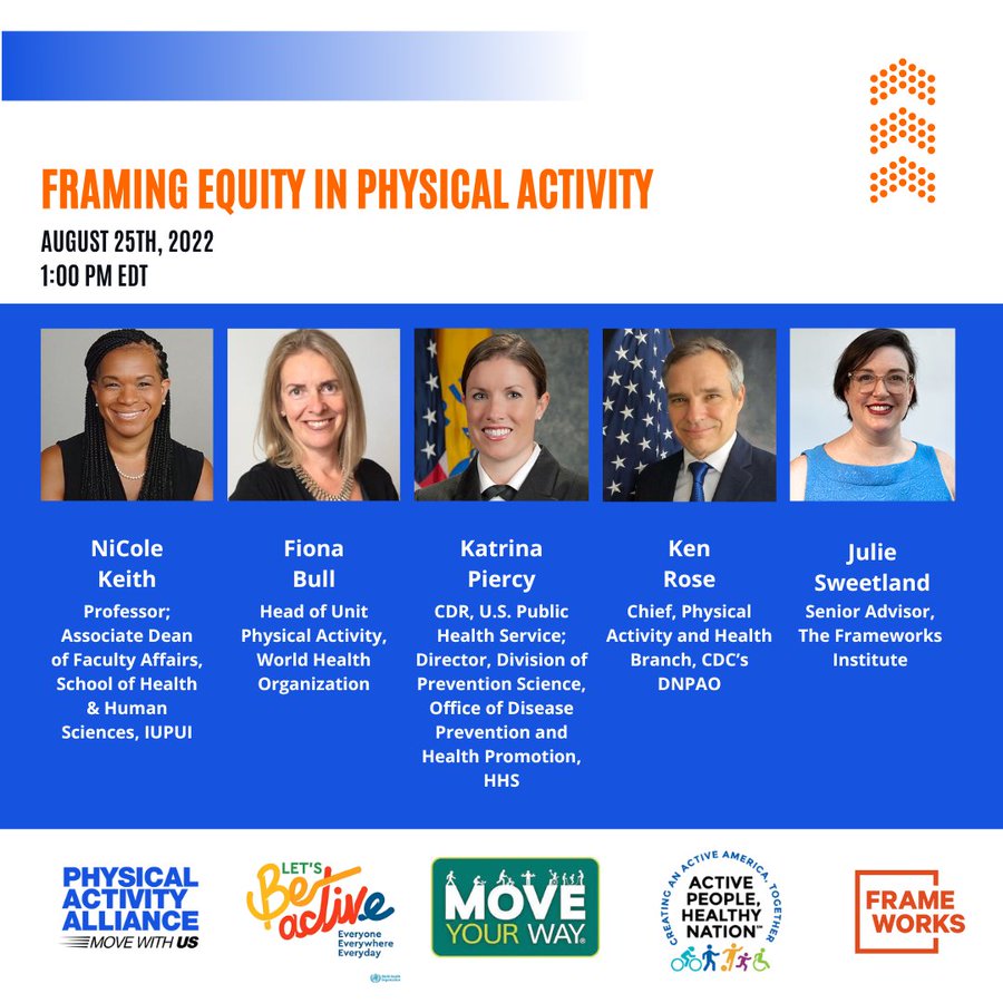 How do we talk about physical activity in a way that promotes health equity?
Find out this Thursday, August 25th at 1pm in our webinar with <a href="/WHO/">World Health Organization (WHO)</a>, <a href="/HealthGov/">Public Health</a>, <a href="/CDC_DNPAO/">CDC DNPAO</a>, and <a href="/FrameWorksInst/">FrameWorks Institute</a>!

Sign up to join: heart.zoom.us/webinar/regist…

#MoveWithUS #PhysicalActivity #ActivePeople
