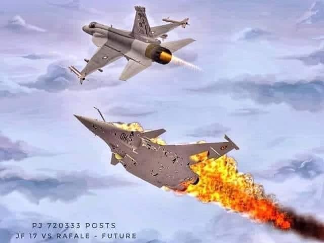 الصورة إفتراضية للمقاتلة JF 17 Thunder وهي تدمر مقاتلة Rafale تتبع لسلاح الجو الهندي

خلال تمرين نسر الأنضول 2021 الجوي الذي أقيم بتركيا تمكنت مقاتلة تتبع لسلاح الجو الباكستاني من نوع JF 17 Thunder من هزيمة مقاتلة Rafale تتبع لسلاح الجو القطري 6 مرات مقابل 2 للمقاتلة Rafale