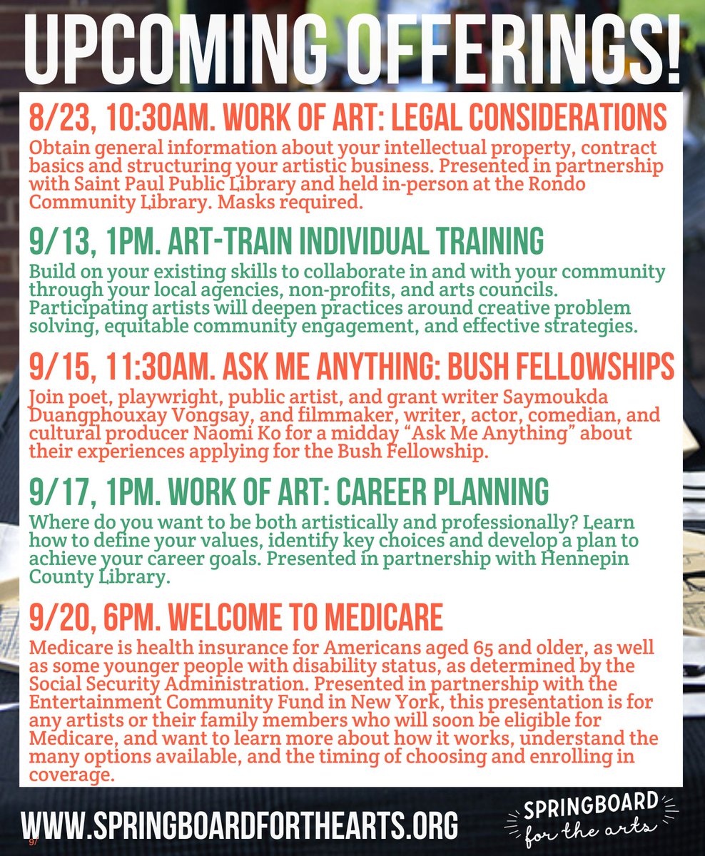New workshops, "Ask Me Anything" conversations, trainings and more are coming up soon in-person and virtually here at Springboard for the Arts! Explore everything happening this month/Fall and sign up at springboardforthearts.org/events/