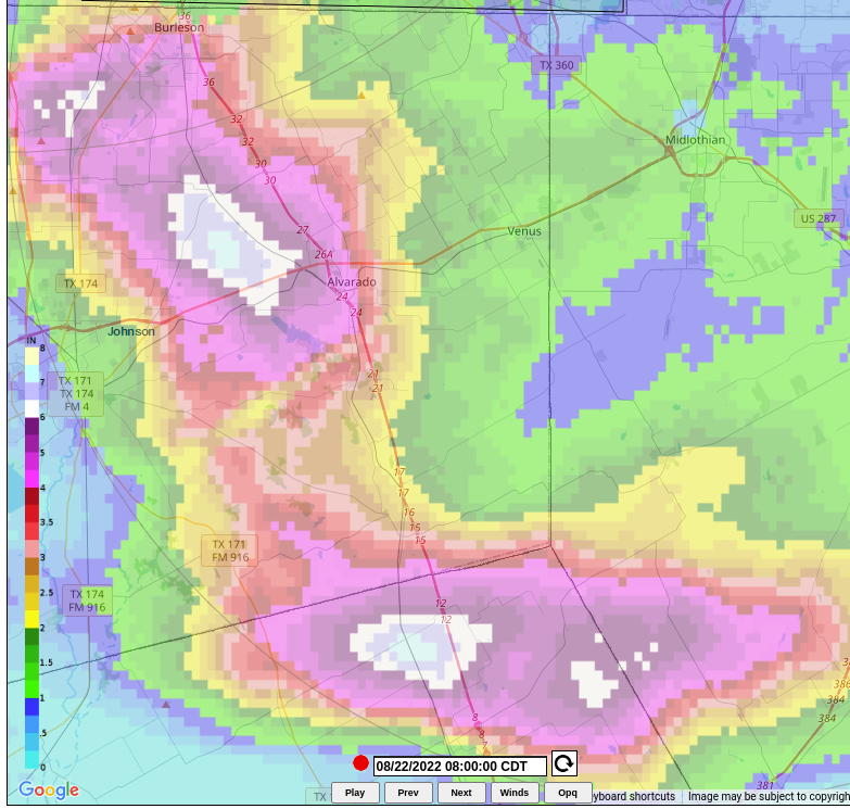 casaradar's tweet photo. Johnson and Hill Counties, esp. in the I 35W area also have been hit particularly hard per our radar estimates.  (not to understate the amounts in the entire metroplex whatsoever...)

 #dfwwx https://t.co/XDPL0kaiq5