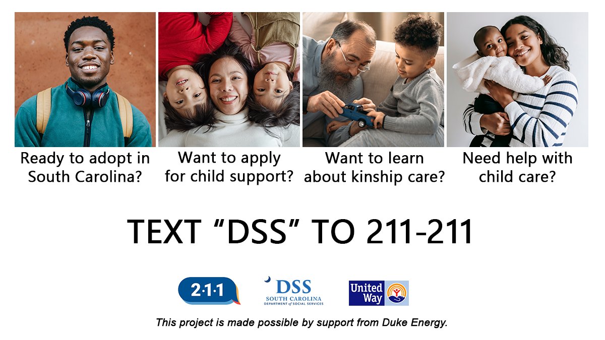 SC_DSS's tweet photo. SCDSS in partnership with the @UWASC is proud to announce the launch of a new 211 texting feature that connects families & individuals to DSS resources through a mobile device. We would also like to thank @DukeEnergy for their work in making this possible. https://t.co/ThQFdA9OOH