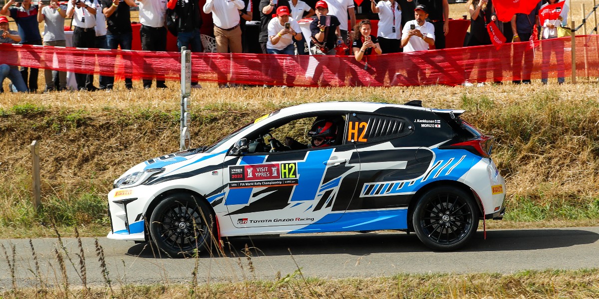 ToyotaUK's tweet photo. Could hydrogen combustion engines be the future of motorsport? The Toyota #GRYaris H2 Concept tackled some stages of the @ypresrally last weekend. https://t.co/oU2TB66yDw