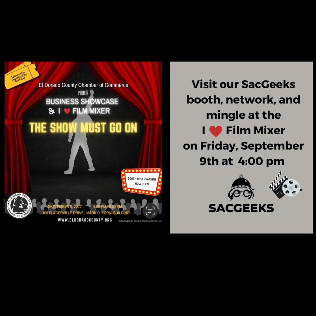 Heart Film Mixer event in El Dorado on 9/9/22. Free in person event for film geeks! Fun fact our board member Samantha K Henderson, is being awarded the Bob Trout award from 2020. Please come mingle &amp; geek out with us. For info visit business.eldoradocounty.org