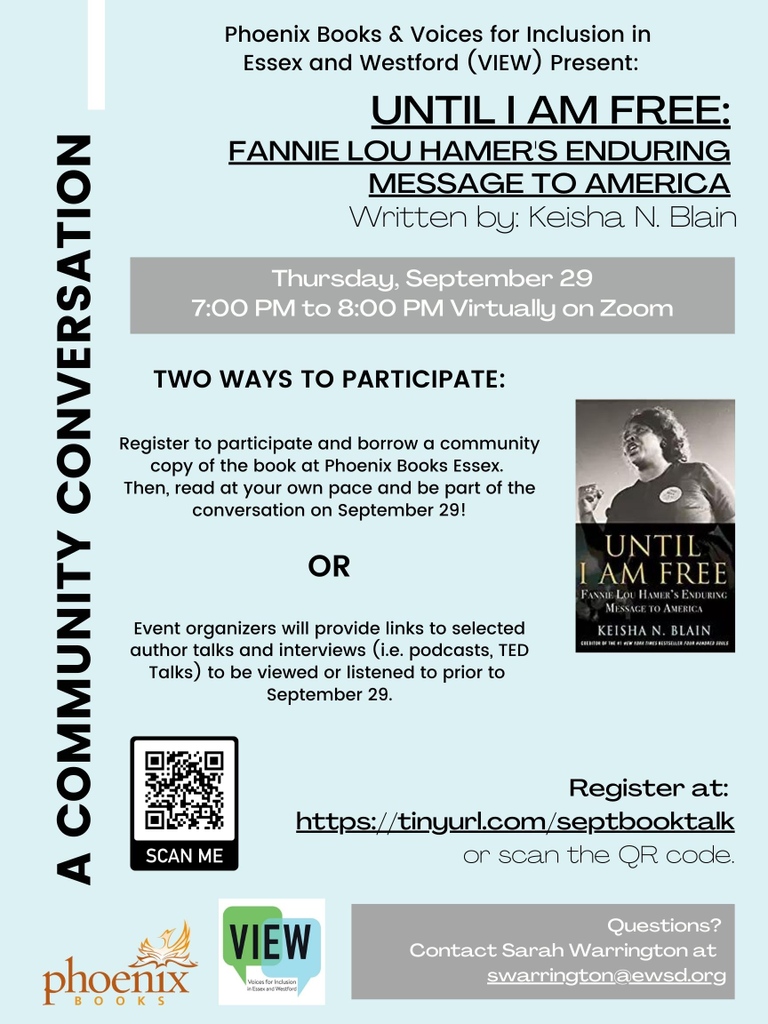 Phoenix Books and Voices for Inclusion in Essex &amp; Westford are hosting a community book talk on September 29th. Register now to participate and borrow a community copy of the book! 📖