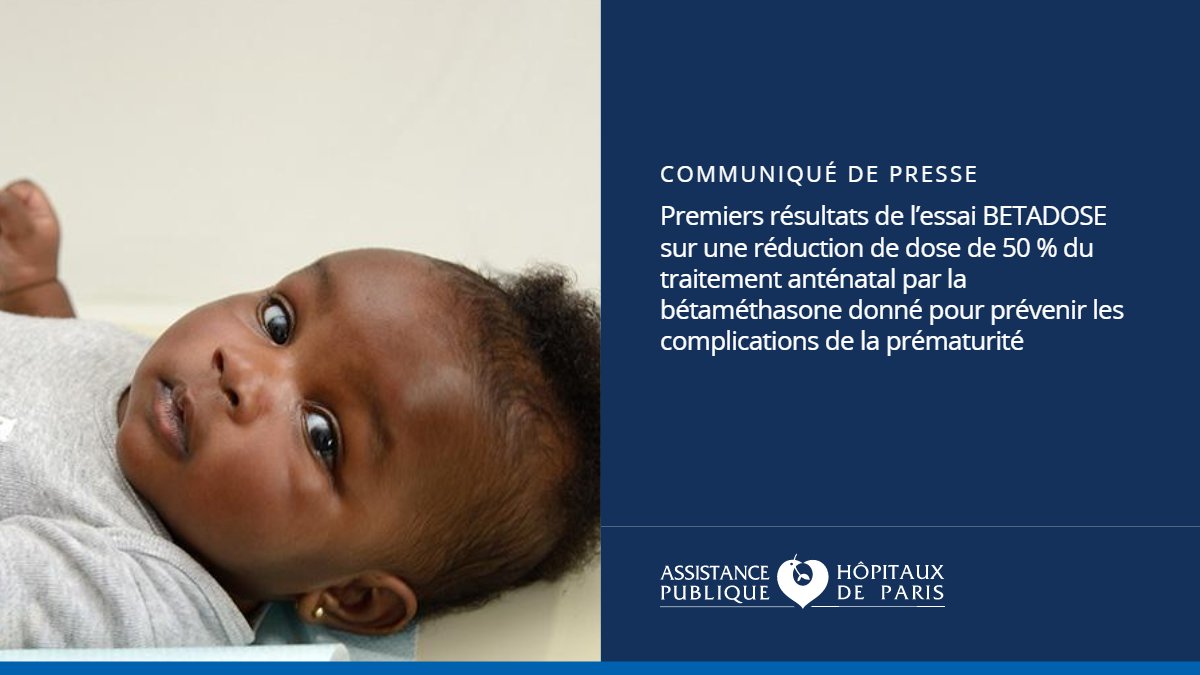 Premiers résultats de l’essai BETADOSE sur une réduction de dose de 50 % du traitement anténatal par la bétaméthasone donné pour prévenir les complications de la prématurité : aphp.fr/contenu/premie…

<a href="/HopRobertDebre/">Hôpital Robert-Debré AP-HP</a> | <a href="/Inserm/">Inserm</a> | <a href="/univ_paris_cite/">Université Paris Cité</a>