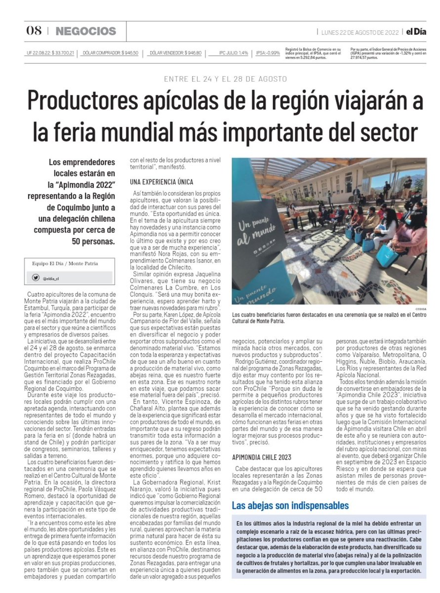 gorecoquimbo's tweet photo. ✅[Prensa] @elovallino y @eldia_cl destacan apoyo de @ProChile #Coquimbo a través del Programa de #ZonasRezagadas financiado por nuestro Gobierno Regional, para que #Apicultores🐝
de #MontePatria participen en #Apimondia2022 el más importante evento internacional en este sector. https://t.co/lKJJDSe8n6