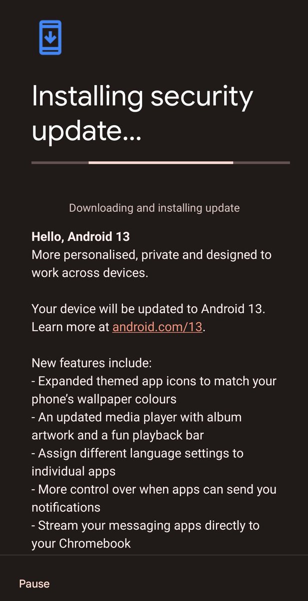 MerwynMonteiro's tweet photo. Got my #Android13 update coming through on my #Pixel5 via OTA. I didn't expect it till October 2022!
#googlePixel #Android #PixelPhone 
Hello, Android 13! https://t.co/kjdP7Z7hNN
