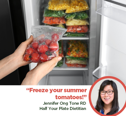 Whether you’re stocking up or dealing with too many tomatoes in the garden, freezing is an easy way to stretch your summer tomatoes for the year. Blanch in boiling water for 30 seconds &amp; freeze whole or in quarters for future use.

#producetip #halfyourplate #dietitianapproved