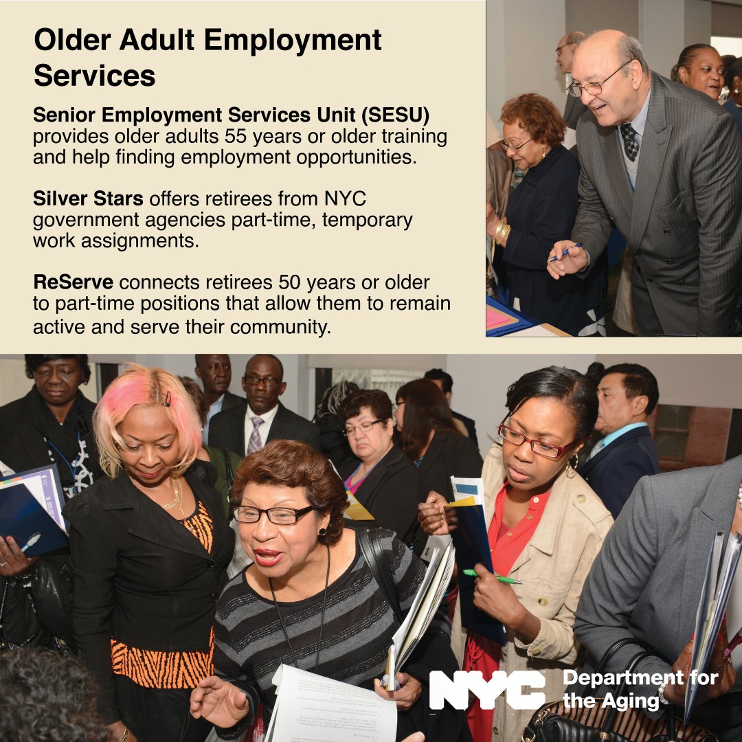 NYCAging's tweet photo. DFTA has several programs offering older adults the opportunity to continue being a part of the workforce 💼

Find out what they are and to learn more by visiting our Older Adult Employment Services page: https://t.co/x3uaDELA2I
 
#jobs #NYC https://t.co/3YMOapy9XQ