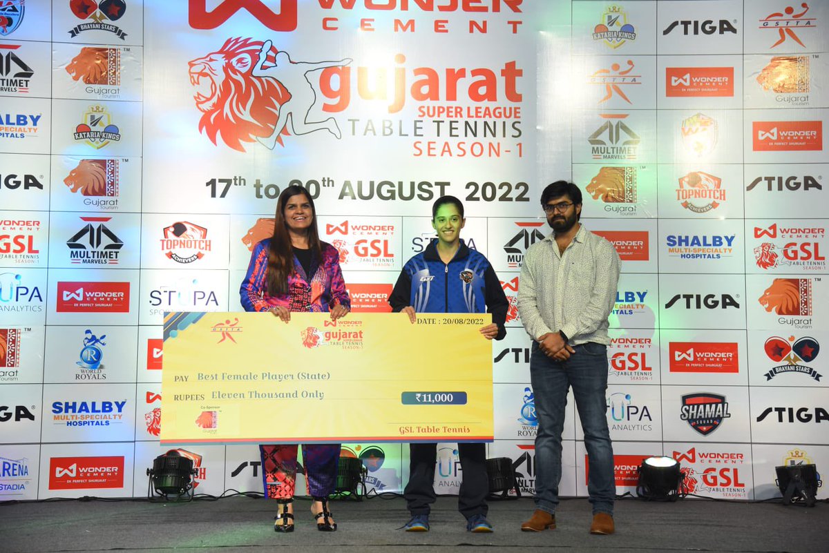 Wonder Cement GSL Table Tennis Season 1 initiated by <a href="/gsttatt/">GSTTA</a> 

Best Male Player (State) Award to Chitrax Bhatt, Top Notch Achievers
Best Female Player (State) Award to Filzah Kadri, <a href="/Tapti_Tigers/">Tapti Tigers</a> presented by Amita Kataria, Owner <a href="/wondercement/">Wonder Cement Ltd</a> &amp; Hon. Secretary <a href="/KushalSangtani/">Kushal Sangtani</a>