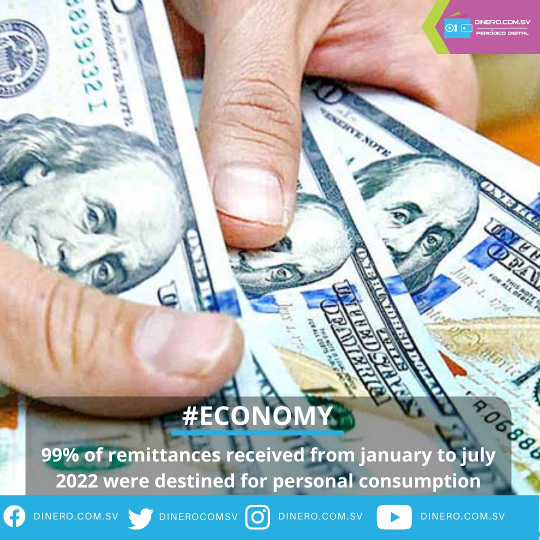 dinerocomsv's tweet photo. #Economy 99% of remittances received from january to july 2022 were destined for personal consumption @bcr_sv
Read it here: https://t.co/8fK3OMyjPo
#Remittances #personalconsumption #BancoCentraldeReserva #companies https://t.co/qbVZaj4qCS