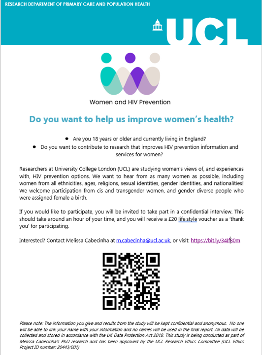 Are you a woman with an hour to spare? Want to help improve HIV prevention services for women in England? Get in touch to take part in our study! 

sign up here -> bit.ly/34If80m