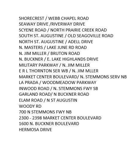 DallasPD's tweet photo. Drivers be alert!
ALWAYS avoid high water on roadways. 
These are the high water calls we have right now in the city of Dallas.
Be prepared to find alternate routes today.
Be safe. 
#TurnAroundDontDrown https://t.co/th06Y9wnkH