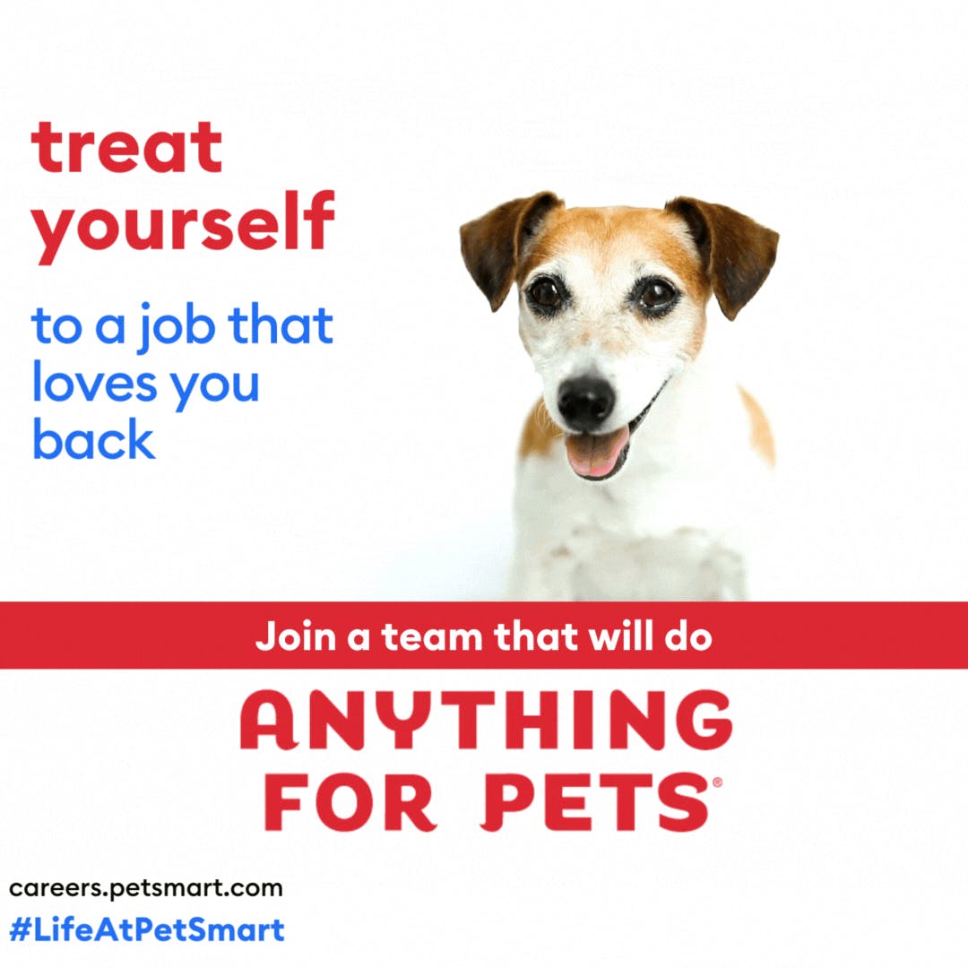 #LifeAtPetSmart has a whole doggone lot to offer. Find your place within our pack and join a team that will do Anything For Pets. Seasonal roles are now open! Now's the time to put your love of pets to work. 😊 Find the role for you at careers.petsmart.com.
