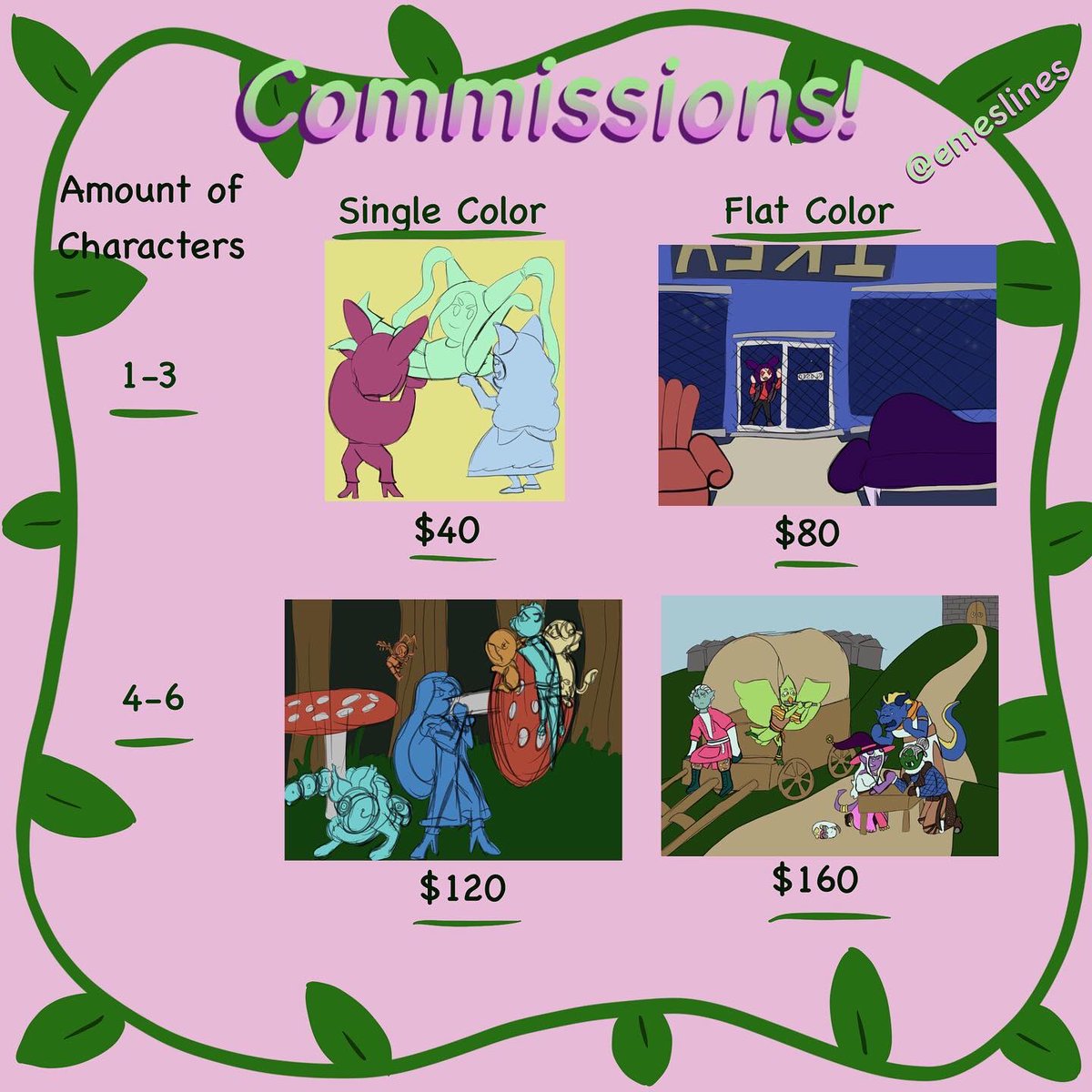emeslines's tweet photo. I’m finally opening commissions! I love doing pieces with multiple characters so my options reflect that! Thank you for taking a look. 
https://t.co/TM17PJ15Lx #Koficommissions https://t.co/ddPy16cbRV