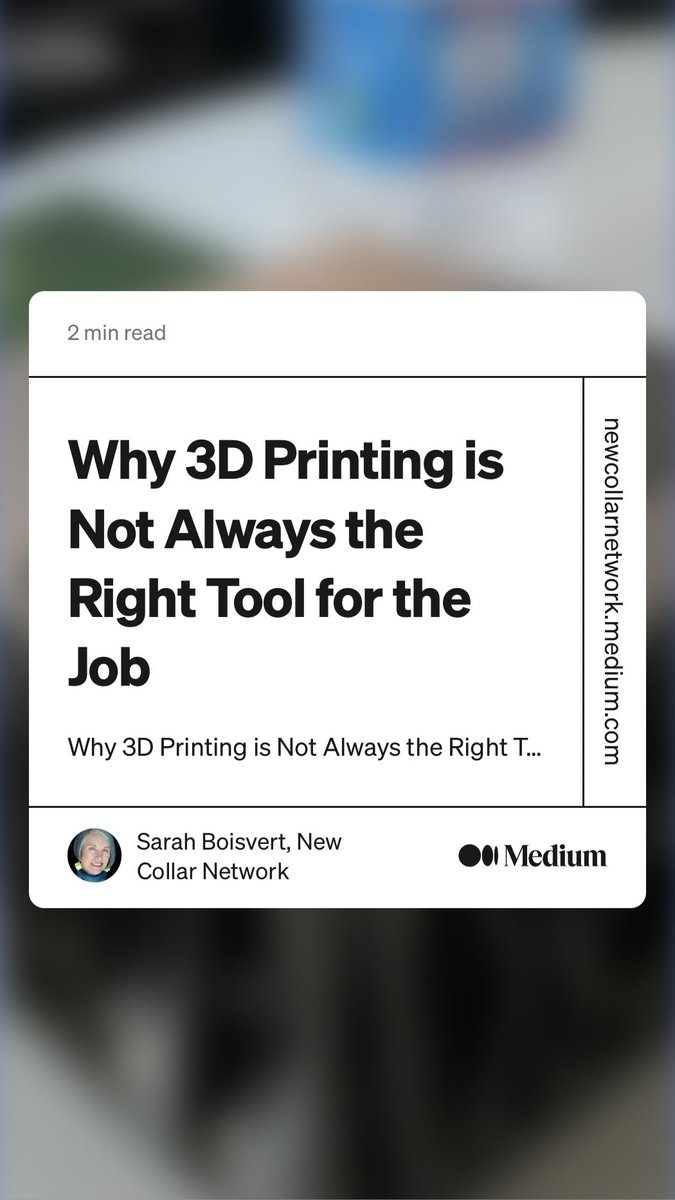MikeAdelstein's tweet photo. “Why 3D Printing is Not Always the Right Tool for the Job” by Sarah Boisvert, New Collar Network
https://t.co/SQ1AdhoPgL https://t.co/GCAUSEmCru