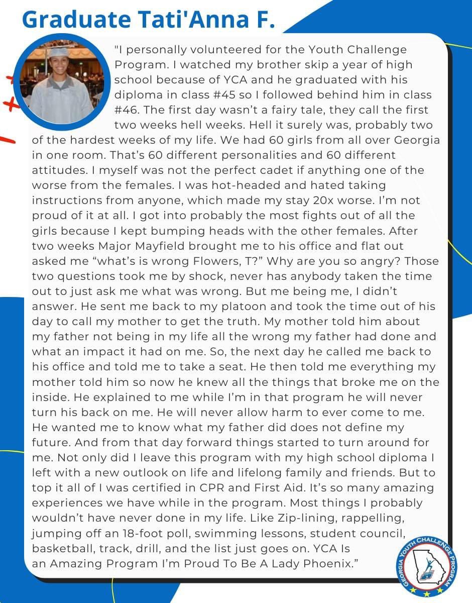 GeorgiaYCA's tweet photo. Proof from the words of one our graduates. #militaryeducation #georgiaeducation #atriskyouth #changinglives https://t.co/0StfcDWb0A