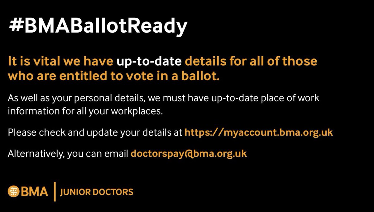 BMAResidents's tweet image. Junior doctors: are you #BMABallotReady? Update your contact details + place of work to ensure that we can communicate with you to make sure your vote counts.
 
BMA members, ensure your details are up-to-date here: myaccount.bma.org.uk
Or email doctorspay@bma.org.uk

Please RT