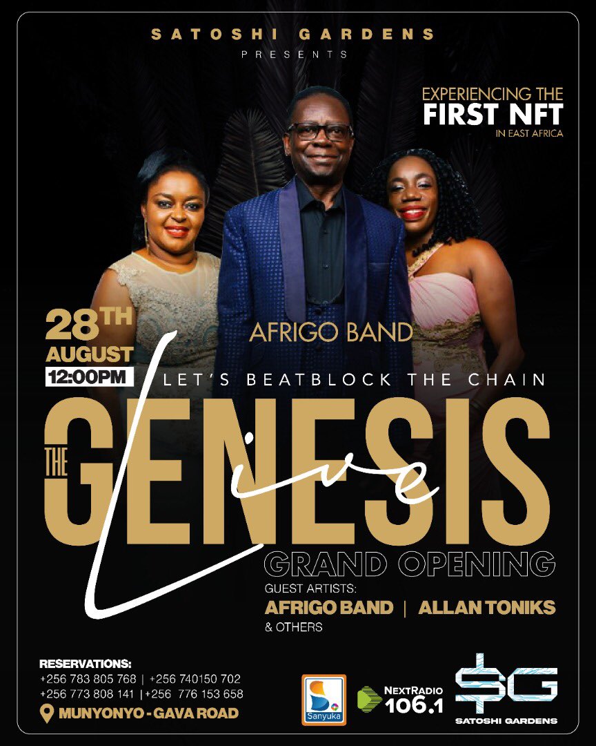 HustlePrince01's tweet photo. The mighty @TheAfrigo band will perform at the launch of the first #NFT in EastAfrica at @satoshi_gardens gava road munyonyo, we shall be exploring #Bitcoin #cryptocurrency #AI etc

#NFT #Africa4thIndustrialTransformation
#bit2Big https://t.co/8PmetC7xPd