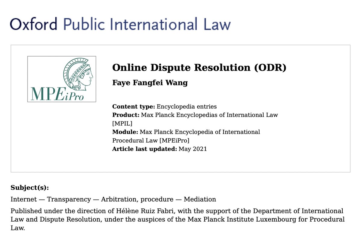 MPI_Luxembourg's tweet photo. Over the last two decades #OnlineDisputeResolution (ODR) has developed significantly. Read about #ODR in the latest #MPEiPro entry by Faye Fangfei Wang: https://t.co/L4Qzni8WvM 
@maxplancklaw @Bruneiluni @esil_sedi https://t.co/E5xnhqiD6B