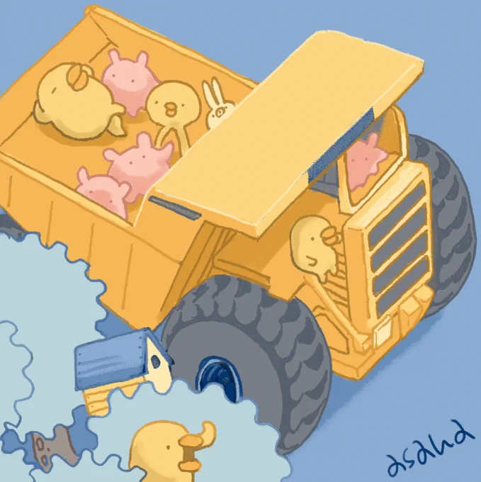 今日はやわらかい色合いのダンプカーと、珍しがって勝手に乗ってる子たちです。ダンプカーに勝手に乗ってはいけません(ファンタジー配色アイデア事典P144参考) 
