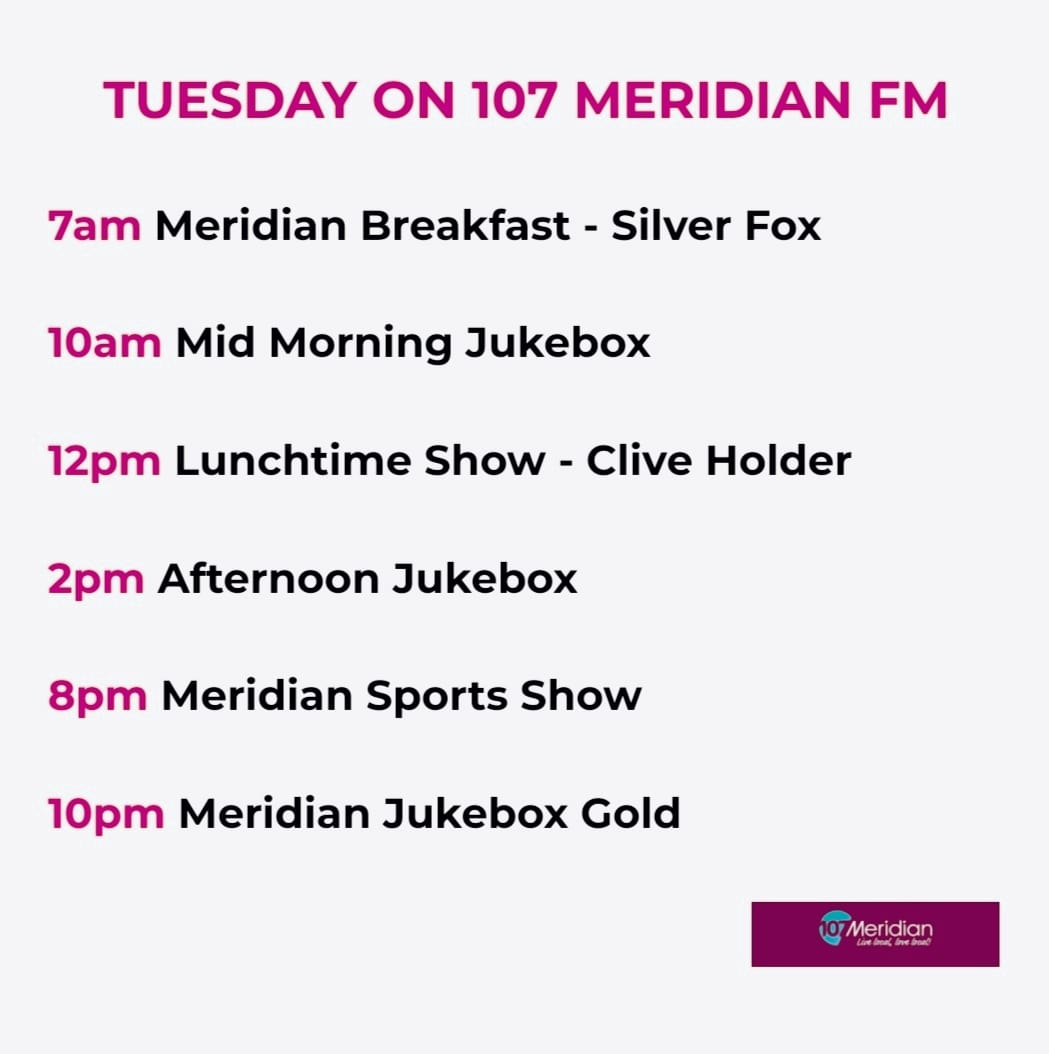 MeridianFM's tweet photo. 📻 Here's what we have for you on Meridian this Tuesday, which incidentally is 'National Sponge Cake Day' so if any local establishments fancy dropping one off to the studio, it would go down a treat!
#107MFM #MakeItMeridian💜 #localradio #nationalspongecakeday🍰 https://t.co/LJY1LmLTDb
