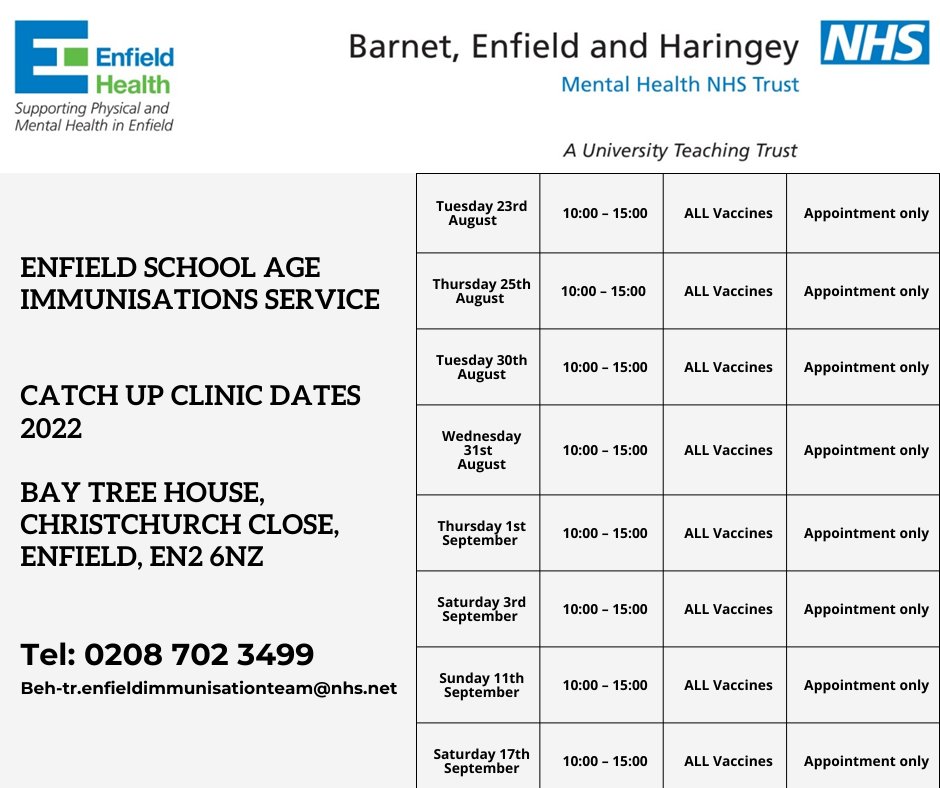 EnfieldCouncil's tweet photo. To book catch up clinic dates for school age immunisations, including Polio, please contact the team via their team email address and phone number:
Beh-tr.enfieldimmunisationteam@nhs.net
Tel: 0208 702 3499
#KeepEnfieldSafe https://t.co/S2H1XJs0zp