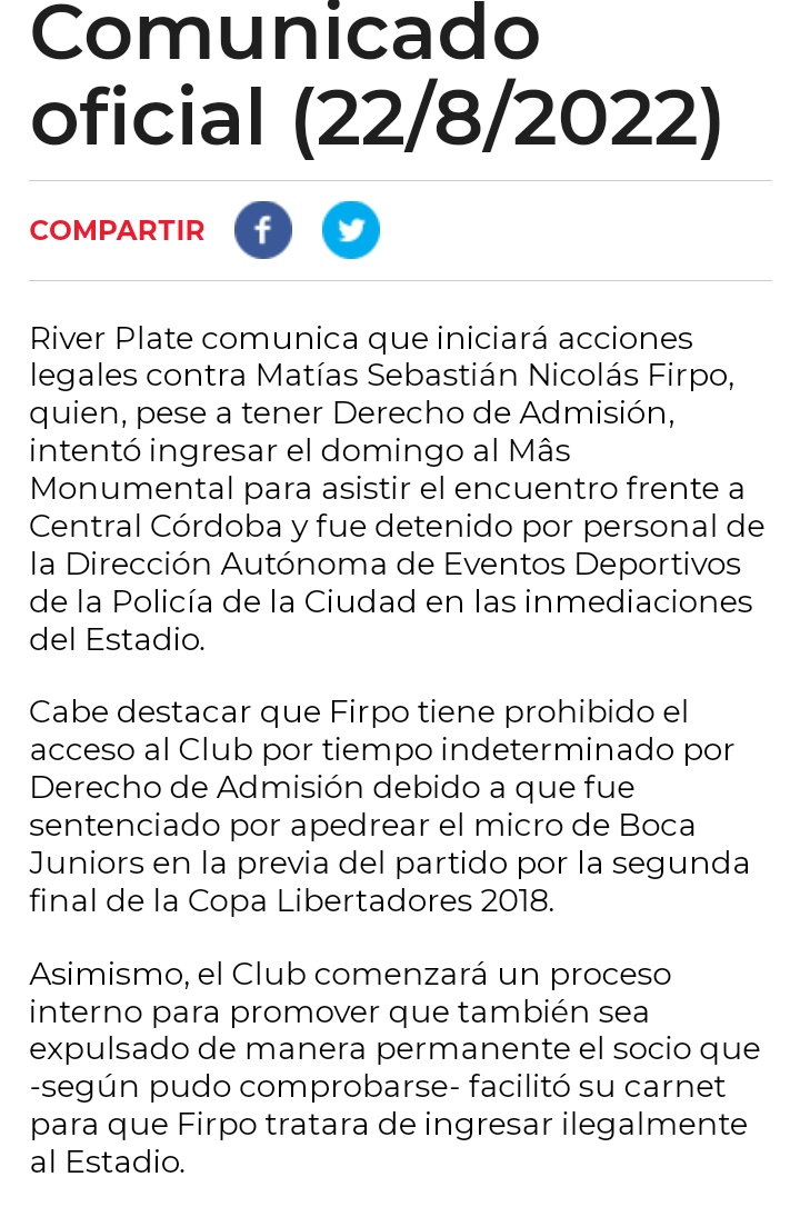 alerp91218's tweet photo. #DerechoDeAdmision | Legales

@RiverPlate comunicó hace instantes mediante este comunicado que iniciará acciones legales contra Martín Firpo, quien  rompió el vidrio del micro de Boca en 2018, ya que ayer quiso ingresar al estadio estando legalmente imposibilitado. https://t.co/OqldruHNqk