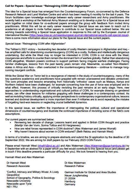 hannah_r_west's tweet photo. Delighted to announce a Call for Papers for a Special Issue: “Reimagining COIN after Afghanistan”. We'd love to hear from anyone interested in contributing to our SI application to @EJIntSec. https://t.co/fmvF8SNX83