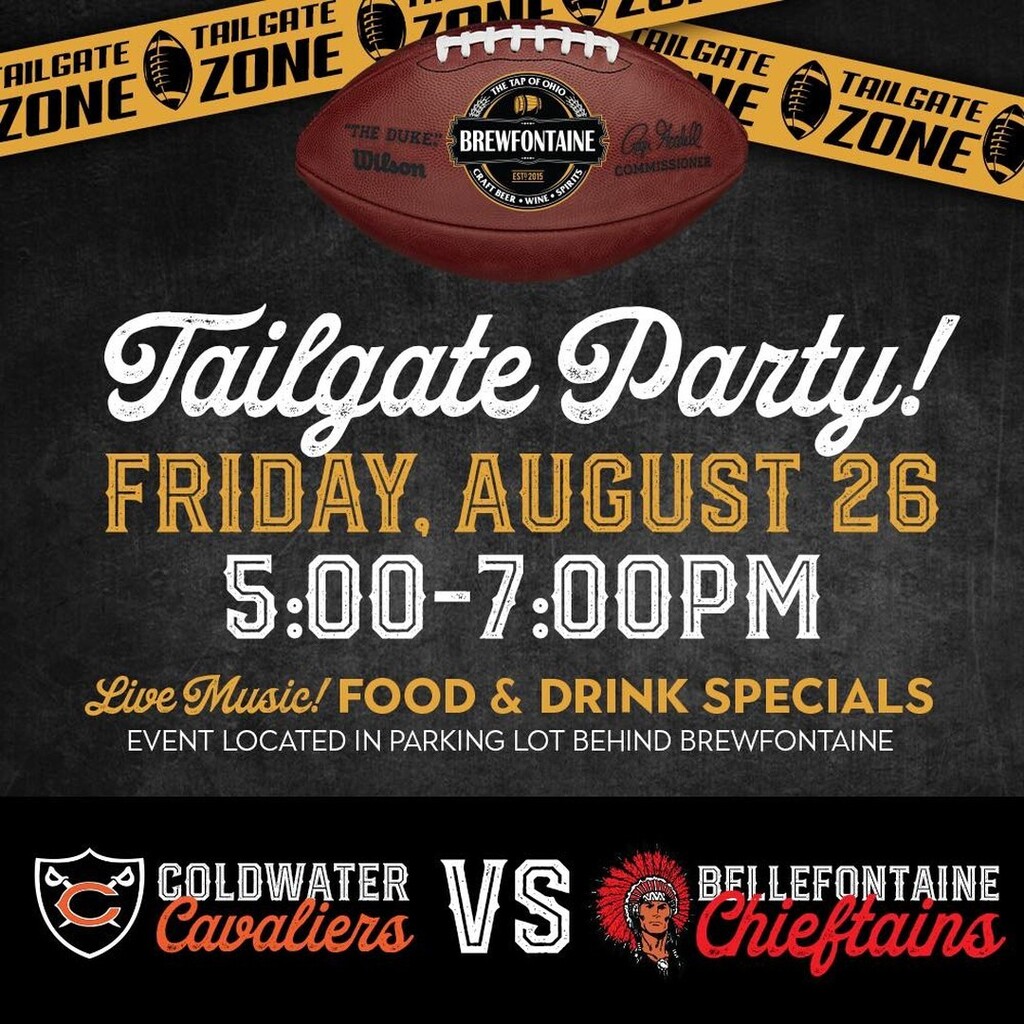 brewfontaine's tweet photo. This Friday is Coldwater @ Bellefontaine football! Join us for a parking lot tailgate behind our building before the big game. Tailgate foods and drink specials available plus live music 🏈🍻 https://t.co/q7NilK7r6u https://t.co/k0kjPO4c8j