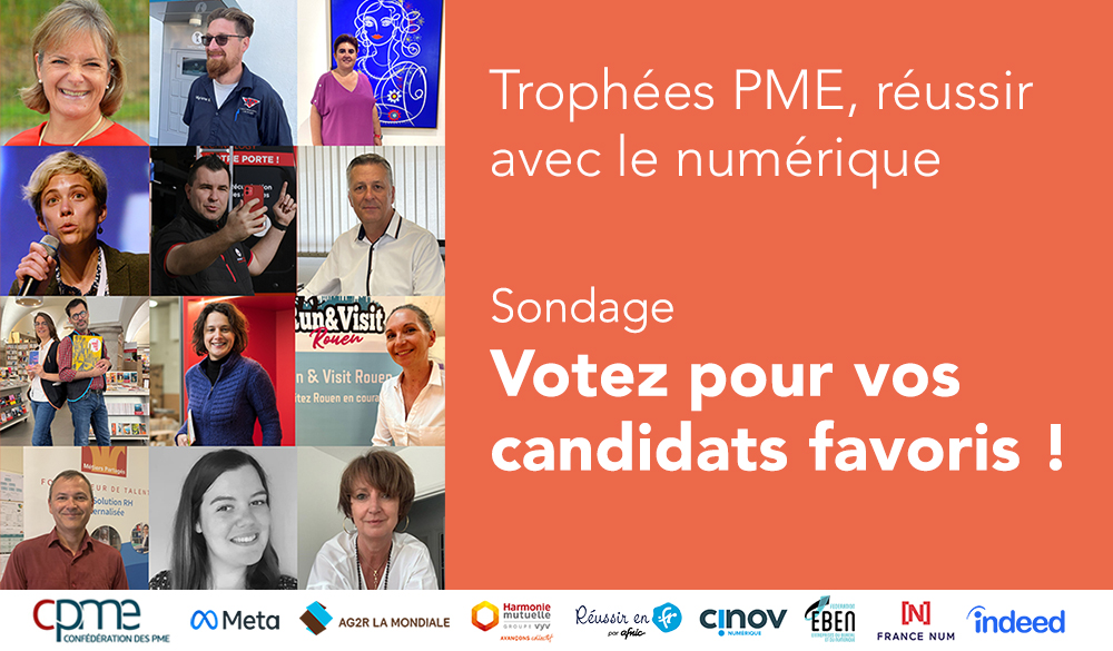 #Sondage 📊 | Le vote en ligne est ouvert pour départager les 12 finalistes des Trophées #PMENumérique2022 ! Découvrez-les en vidéo et votez pour votre candidat favori dans chaque catégorie ⤵️ 
forms.gle/y9yUFUdkRAdtE8…