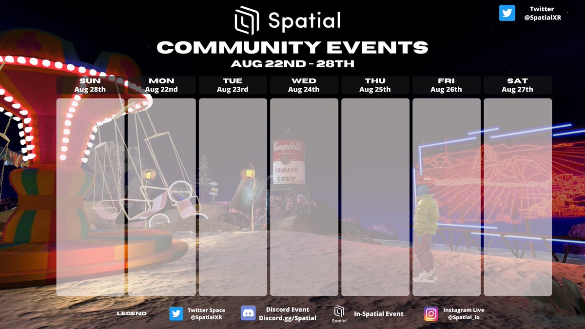 Spatial_io's tweet photo. Events in Spatial have been popping off lately! @HICeeCee inspired us to make a calendar✨ Let’s us know if you’re having one this week, adding as many as we can 🚀 https://t.co/rMTleLCbDK