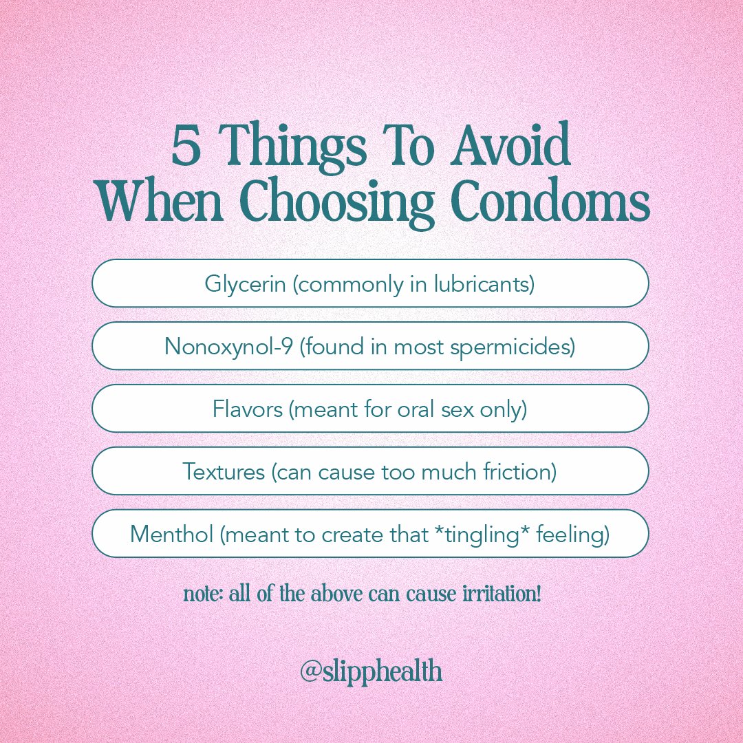 Not all c0ndöms are created equal! 🚫 If you’re prone to irritation, you may want to avoid these things: 1️⃣ Glycerin - Commonly found in lubricants. Has been shown to cause irritation. 2️⃣ Nonoxynol-9 - Found in most spermicides. Has also been shown to cause irri