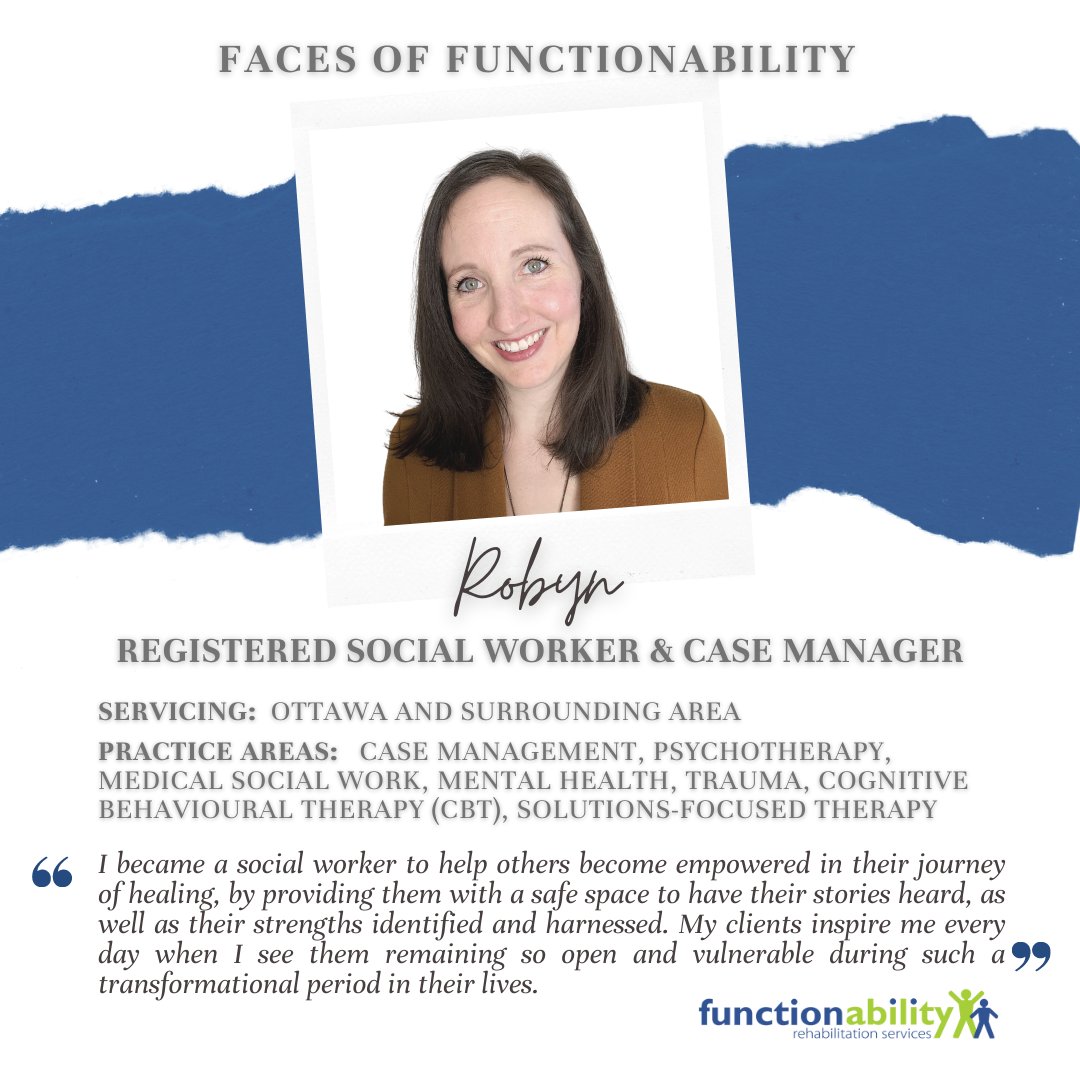 fa_rehab's tweet photo. Robyn is a Social Worker & Case Manager in Ottawa whose areas of practice include Psychotherapy, Mental Health, Trauma, CBT, & Solutions-Focused Therapy. Robyn is continuously inspired by her clients' vulnerability during transformational periods.
#FacesofFunctionAbility #Ottawa https://t.co/NFisPeIRoL