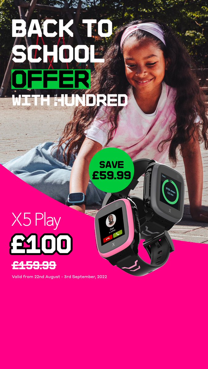 XploraUK's tweet photo. Back to school is here! 🎒
Get your kids ready this year with our incredible back to school offer in collaboration with @thehundred ! Save a huge £59.99 on our Xplora X5 Play smartwatch until 3rd September! https://t.co/En8jAVur9A