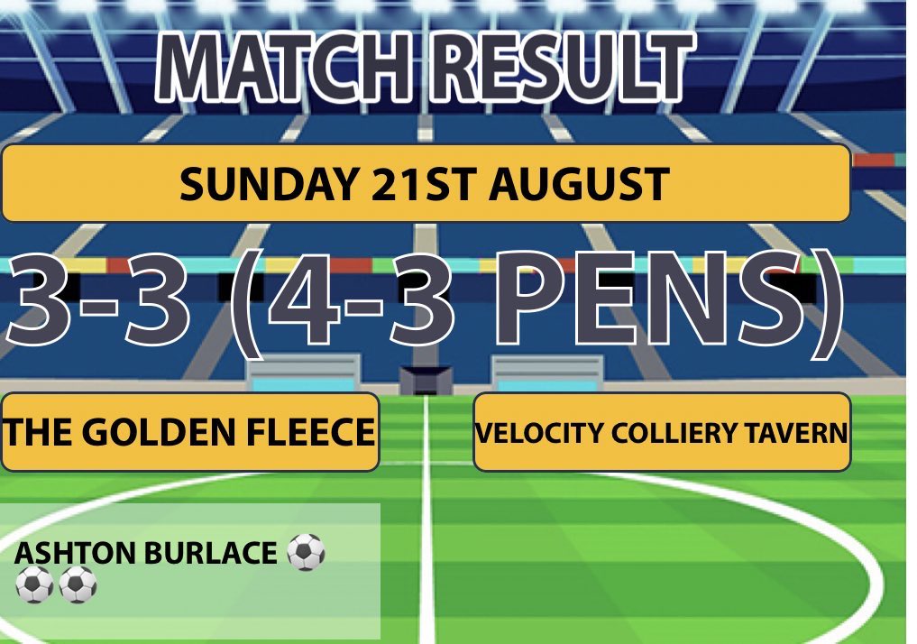 A 4-3 win on penalties yesterday against Velocity Colliery Tavern takes us through to the second round. An overall poor performance from the Fleece with a barebones 11 squad.
 
MOTM ⭐️
Danny Wright.                                              UTF🟡⚫️