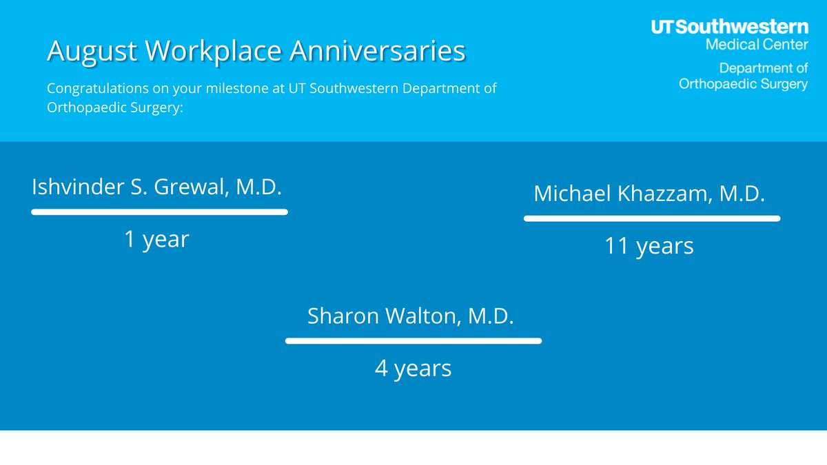 utswortho's tweet photo. #DoctorSpotlight – #UTSWOrtho wishes a Happy Anniversary to the following doctors who are celebrating their milestones in the month of August. Your work and dedication to the department are greatly appreciated!
#UTSW #orthopaedics #orthopaedicsurgery https://t.co/L5DsEyTmQt