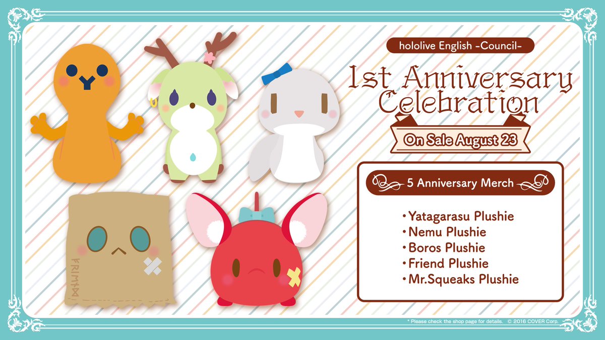 #holoCouncil's 1 YEAR ANNIVERSARY merch is available for preorder now! We have plushies of Yatagarasu🪐, Nemu🌿, Boros⌛, Friend🪶, and Mr.Squeaks🎲 Let's celebrate their anniversary together! Order here: shop.hololivepro.com/en/products/ho… #councilTHEfirst