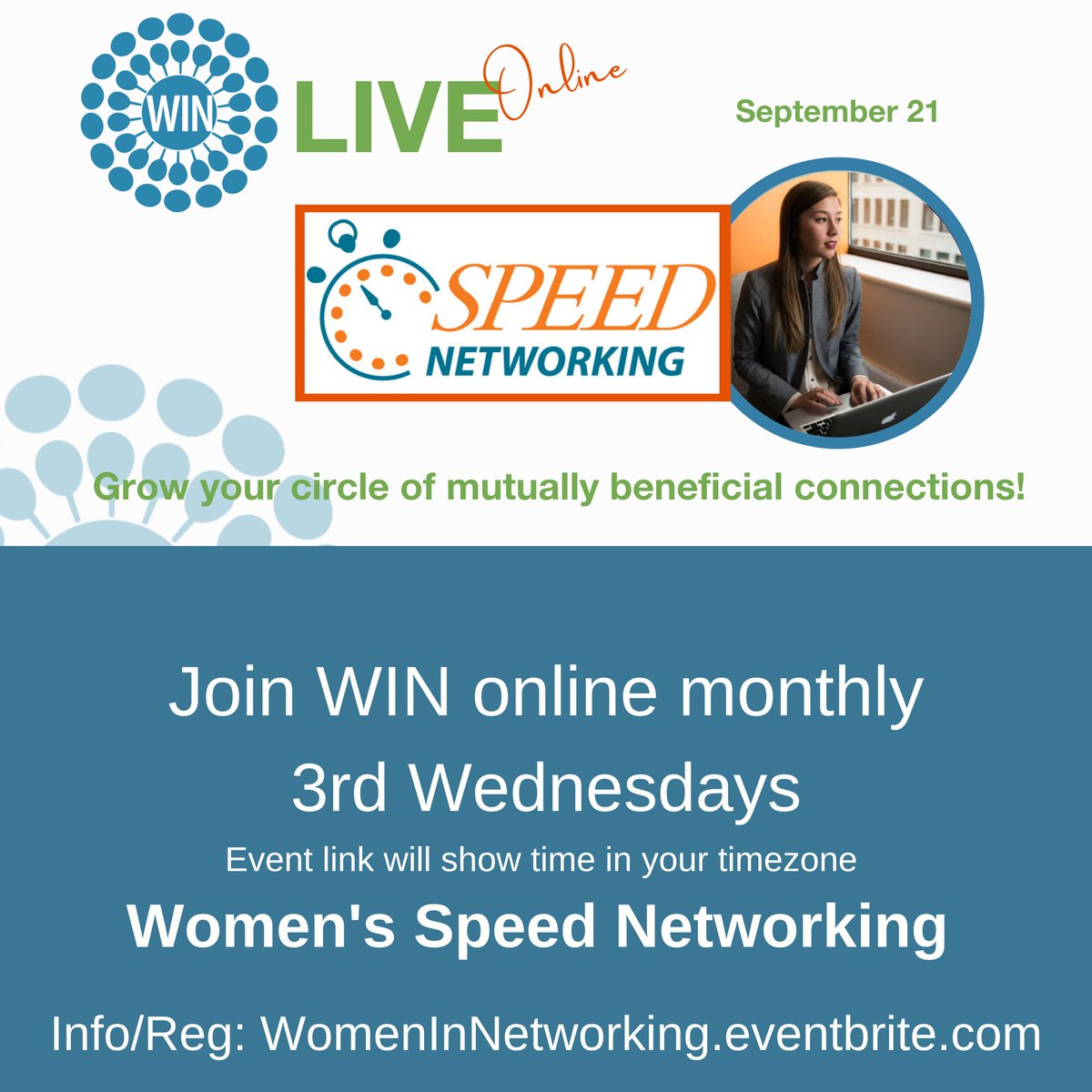 NetworkwithWIN's tweet photo. 📣 WIN's next online Speed Networking is Wed 9/21.🆕 We recently began using a new matchmaking tool to take your networking to the next level.💻You’ll complete a personal profile to be paired with connections just for you! ➡Register: https://t.co/MTTvF1TNGQ https://t.co/sBScVpDRDh