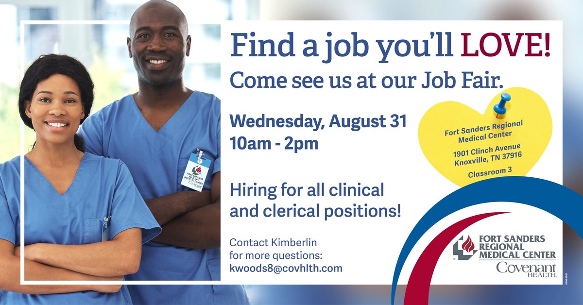 Come see us at Fort Sanders Regional Medical Center on Wednesday, August 31st between 10am - 2pm to find your next position with us! RSVP today: bit.ly/3dPLevv