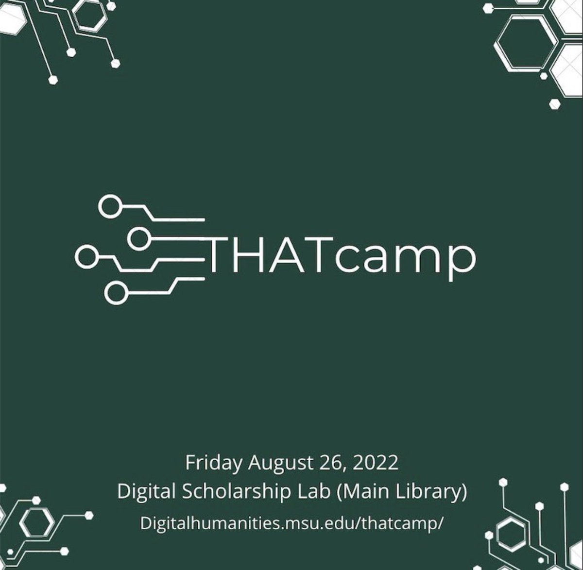 DHatMSU's tweet photo. Haven’t registered for THATcamp 2022 that’s happening this Friday yet? Well you’re in luck! Registration has been extended to this Wednesday!
Sign up today for #THATcamp (8/26/22, 8:45AM-3:30PM), a return to our in person, unconference style! #msudh
https://t.co/R67PKgubXm https://t.co/giMDT3dJ3h