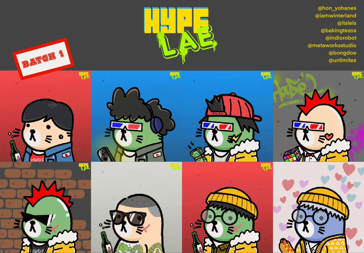 Makkudonaru's tweet photo. TADAAA!

HYPELAE batch 1 already minted!
@hon_yohanes @iamwinterland @indiorobot @itslels @BakingTezos @MetaWorksStudio @bongdoe @Unlimitez666 

Thank you for collecting HYPEBOSS project. LFG!

HYPEBOSS LINK :
https://t.co/rxnPWhe7zb

Cc @vector_recite 

#nfts #tez #tezos https://t.co/hoTv38kqFr