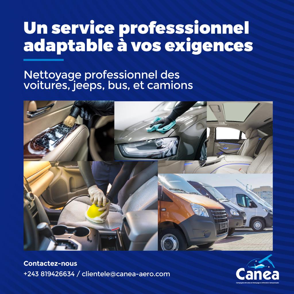 #CANEA est le partenaire idéal pour toutes sociétés désireuses d’entretenir sa flotte automobile. Nous disposons d’une service de nettoyage automobile complet. 
Contactez-nous au : +243819644256 
Ecrivez-nous : clientele@canea-aero.com  
Visitez-nous : canea-aero.com