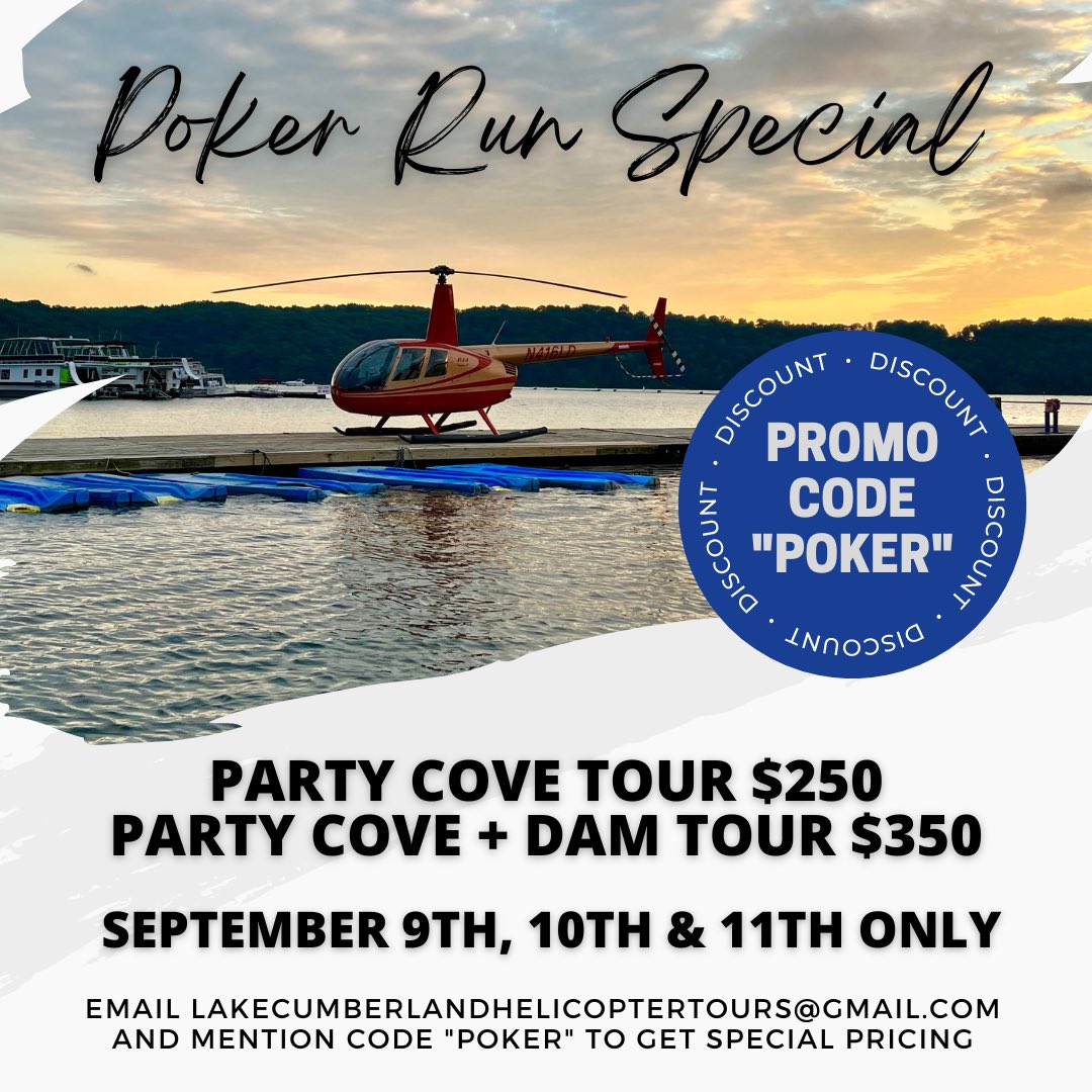 *POKER RUN SPECIAL*

Want to take a helicopter tour over Lake Cumberland on Poker Run Weekend? Here's your chance!

Email lakecumberlandhelicoptertours@gmail.com and mention code “POKER” to get special pricing!