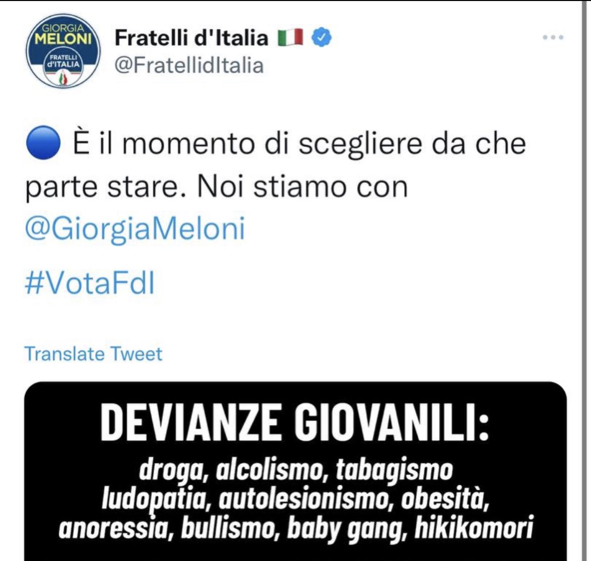 fernandocazzato's tweet photo. Per la Meloni chi soffre di disturbi alimentari è definito deviante. Senza vergogna https://t.co/5Ih9TZSTRn