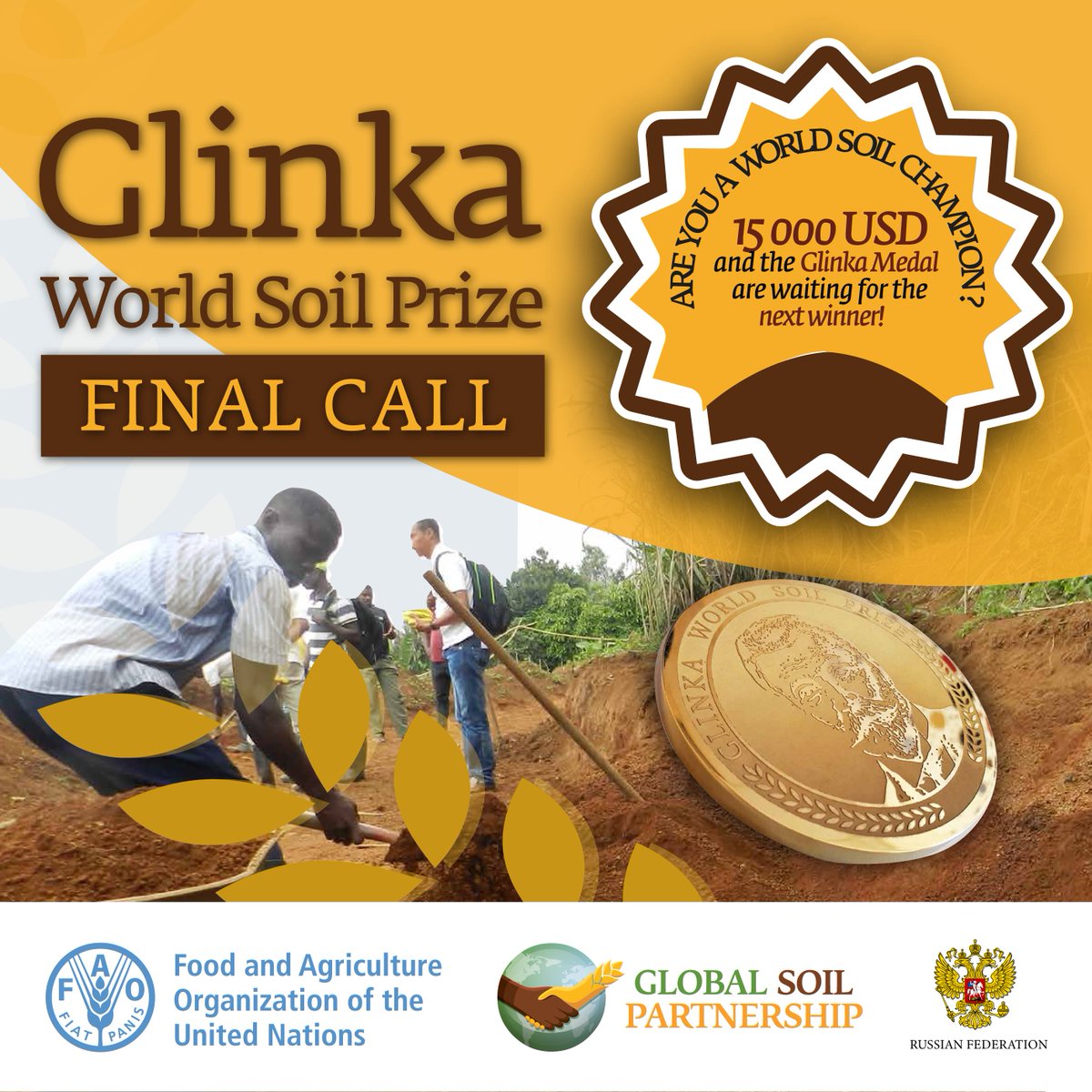 FAOLandWater's tweet photo. The Glinka World Soil Prize is an annual award addressed to individuals or organizations committed to solving soil degradation🤎🏆 🎯 If you think you are an eligible candidate, propose your nomination by 1st September 2022 to GSP-Secretariat@fao.org ➡️ https://t.co/kI7vEYepT4 https://t.co/7T8HohRQsO